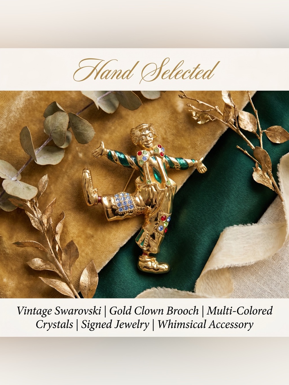 Vintage - Signed Swarovski Gold Clown Brooch with Multi-Colored Crystals